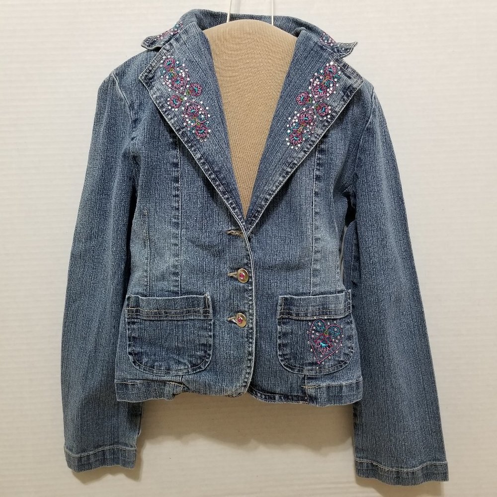 Thalia Sodi blazer 10/12 denim jean jacket sequin rhinestone bling embellished